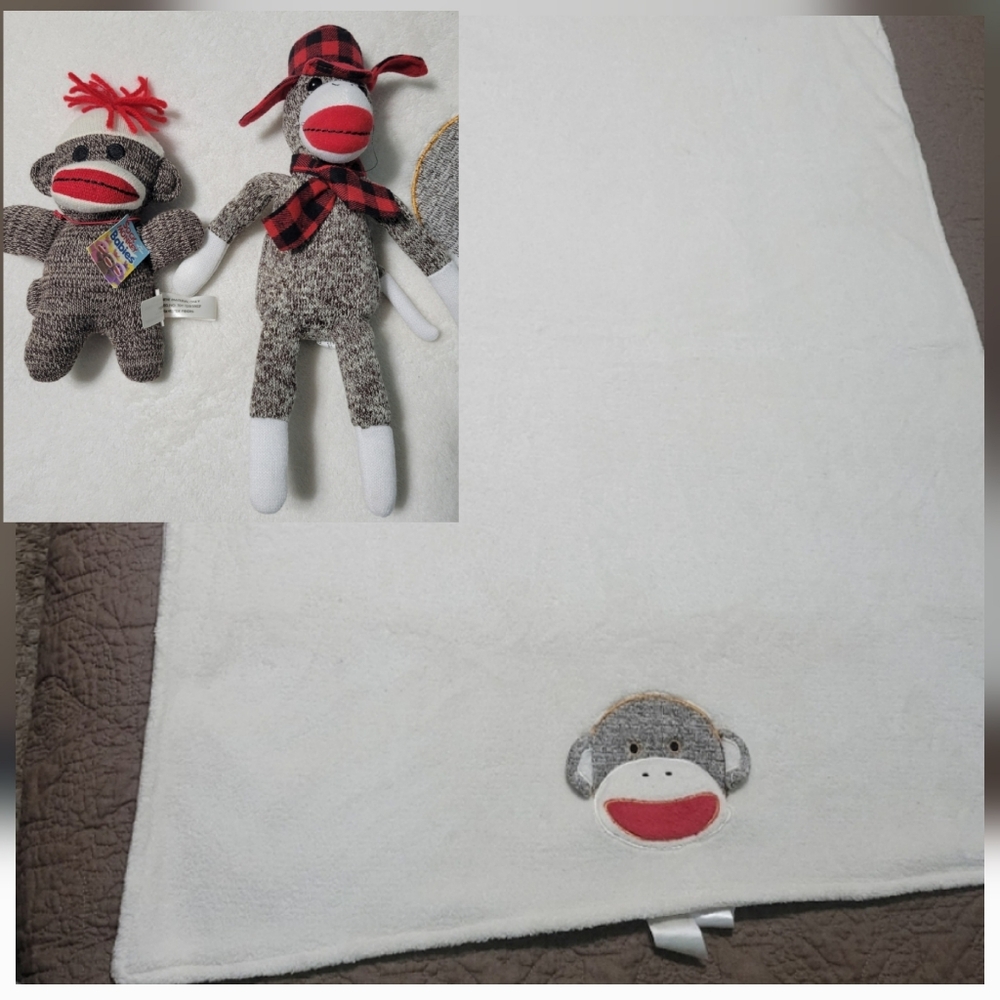 Sock Monkey Set, 2 Monkeys with Sock Monkey Blanket baby blanket has 3D Ears